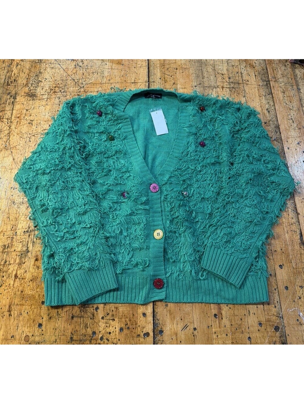 Ugly Christmas Sweater Green Shaggy SizeXXL With Ornaments And Glitter Buttons